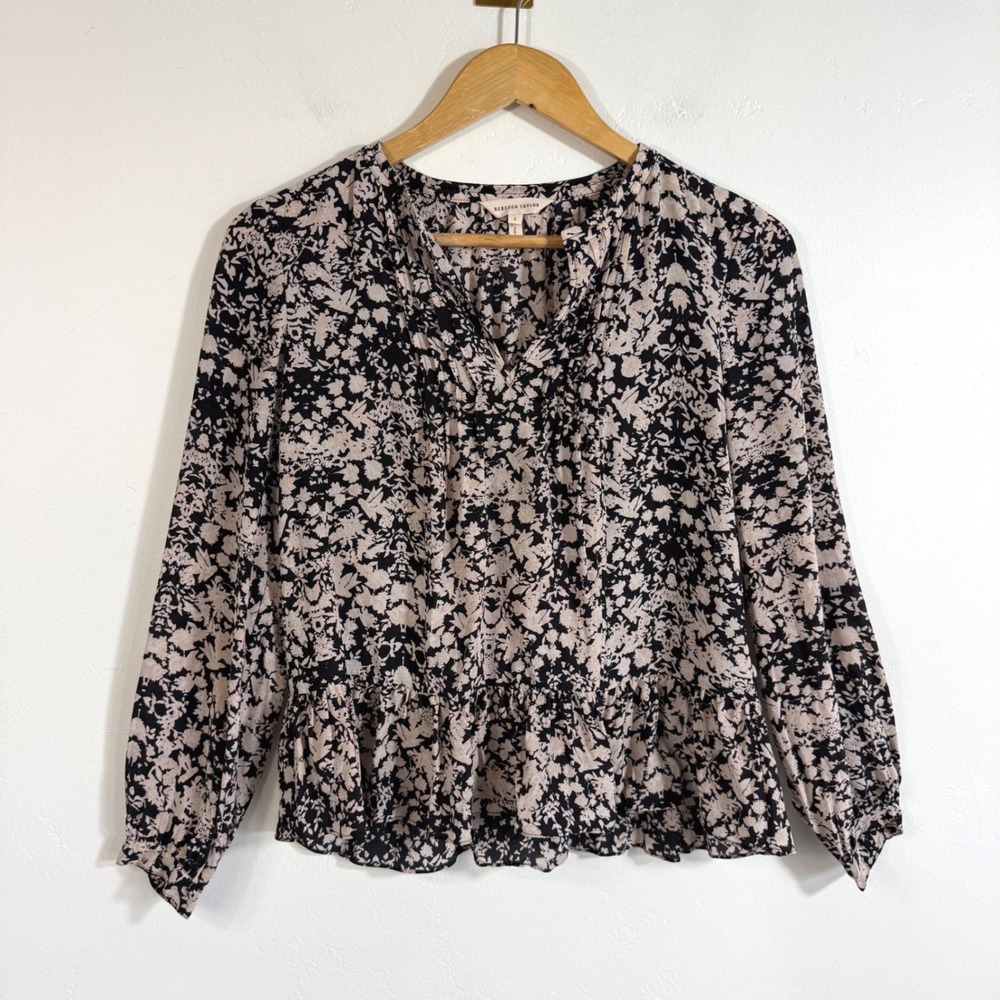 Rebecca Taylor 100% Silk Blouse Top Black Tan Floral Peplum Romantic Boho 2 NWOT
